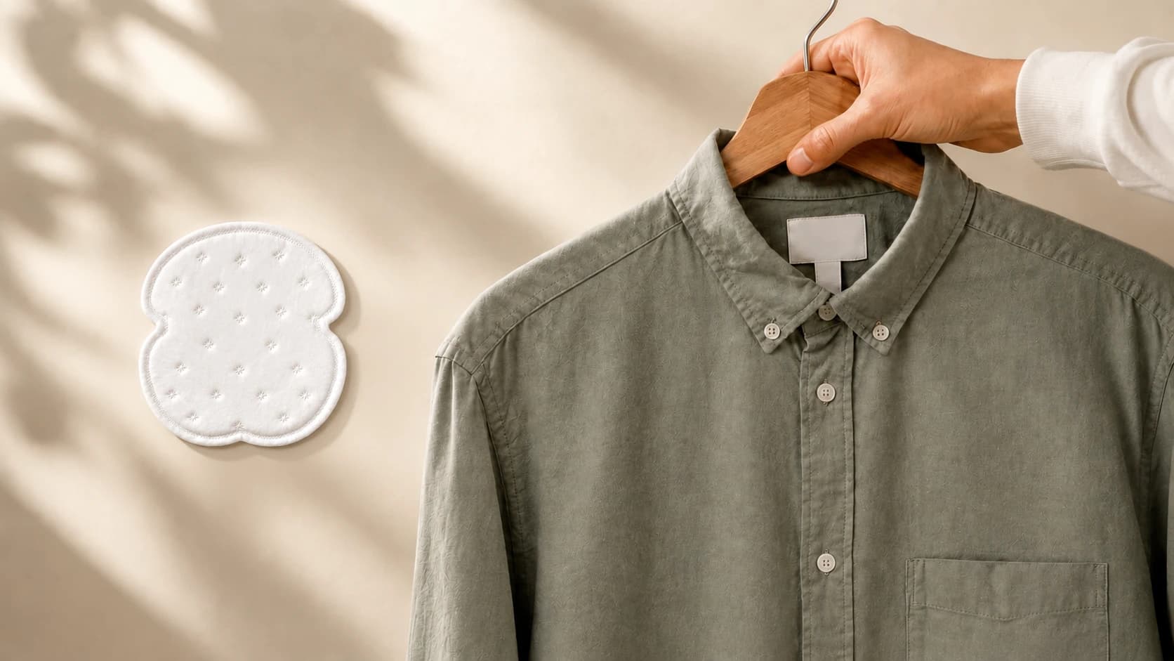 White underarm sweat pad beside an olive-green shirt on a hanger