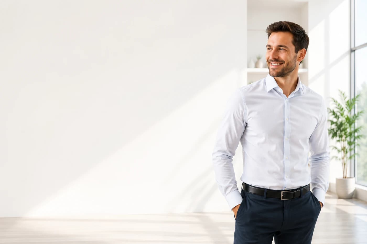 Professional wearing a clean white shirt in a bright interior while learning how to reduce visible sweat marks