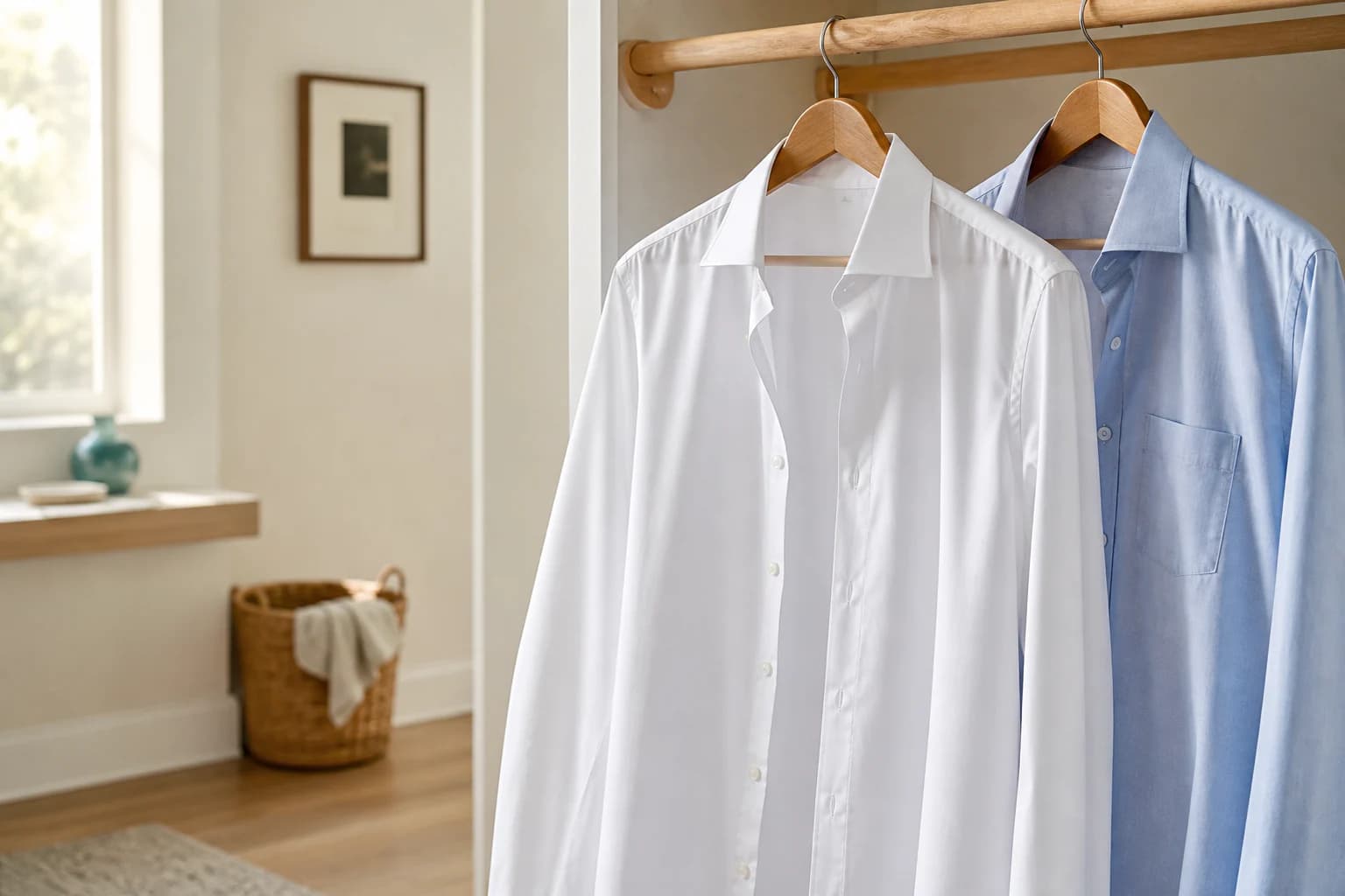 Clean white and pale blue shirts airing on wooden hangers