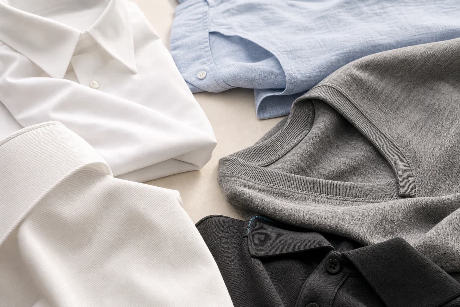 Editorial arrangement of shirt fabrics with different weights and textures