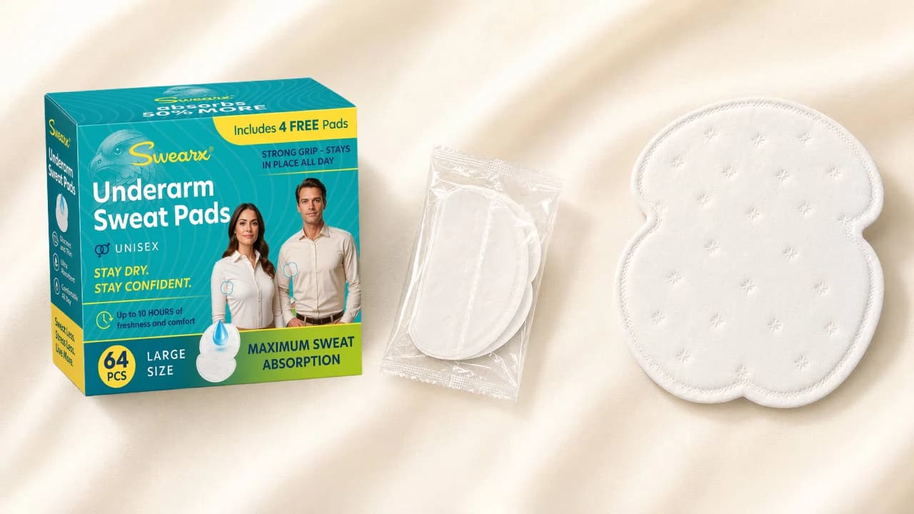 SWEARX underarm sweat pads product box with wrapped pad and open pad for clothing protection