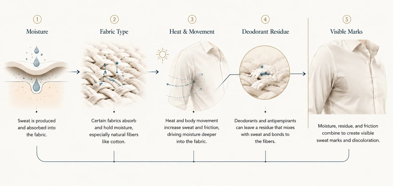 Infographic showing moisture, fabric type, heat and movement, deodorant residue, and visible marks as common reasons sweat stains appear on clothing