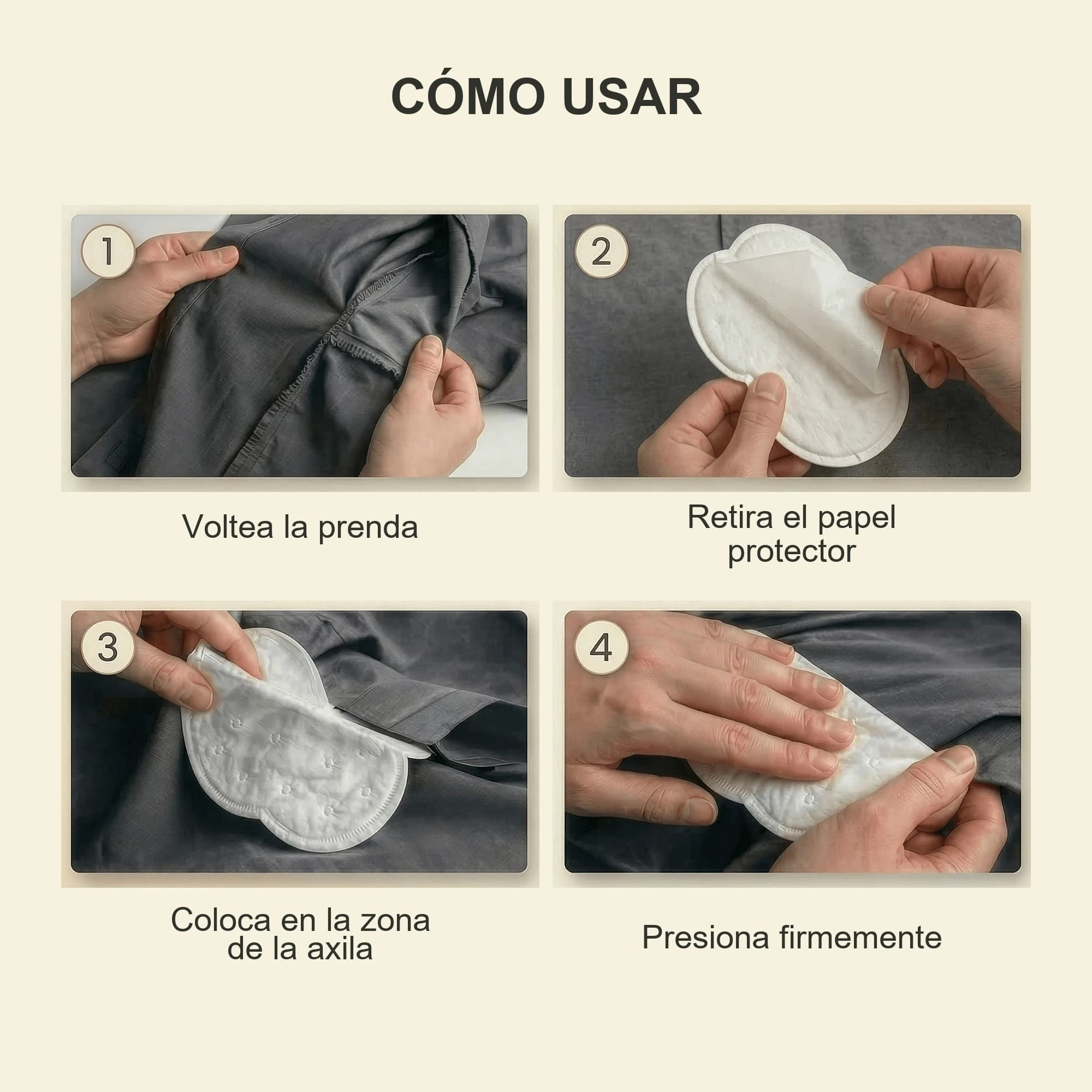 Resumen visual para colocar almohadillas para el sudor en el interior de una prenda
