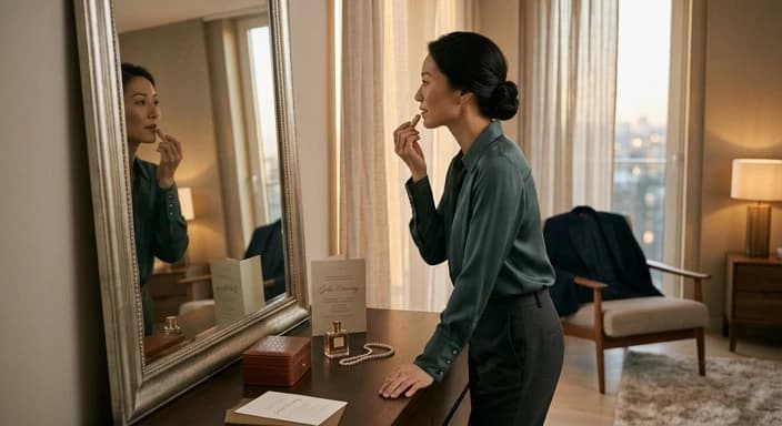 Woman preparing for an event in front of a mirror