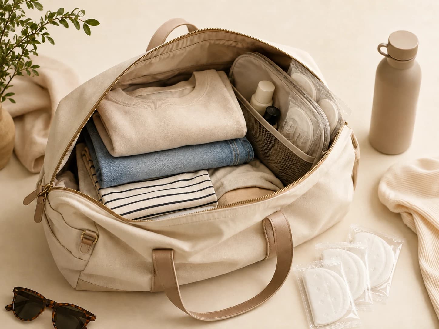 Open travel bag with folded clothing and travel accessories